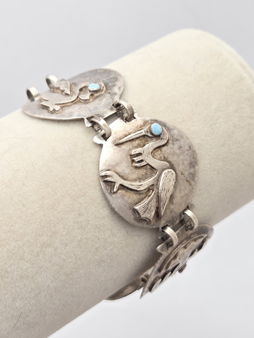 Vintage Peruvian Sterling Silver Turquoise Link Bracelet JVG Peru Bird Nazca